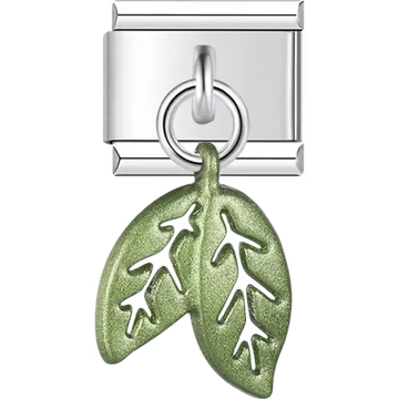 Green metallic leaf with cut-out vein pattern dangle Italian charm bracelet link