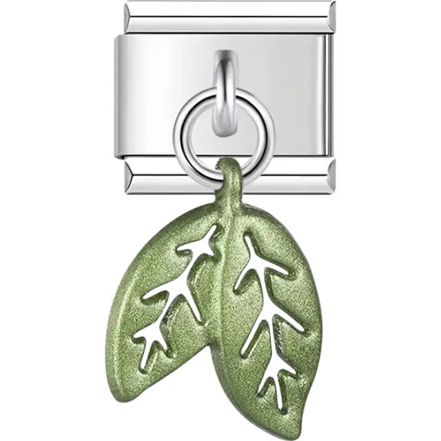 Green metallic leaf with cut-out vein pattern dangle Italian charm bracelet link