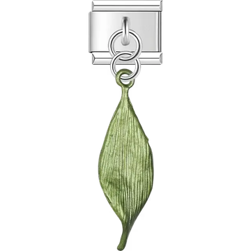 Green metallic elongated leaf textured pattern dangle Italian charm bracelet link
