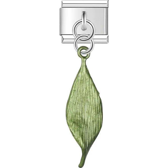 Green metallic elongated leaf textured pattern dangle Italian charm bracelet link