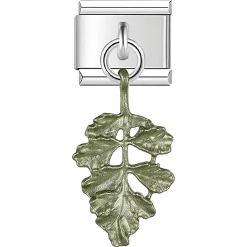 Green metallic leaf with openwork pattern dangle Italian charm bracelet link