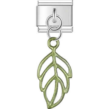 Green metallic leaf outline dangle Italian charm bracelet link