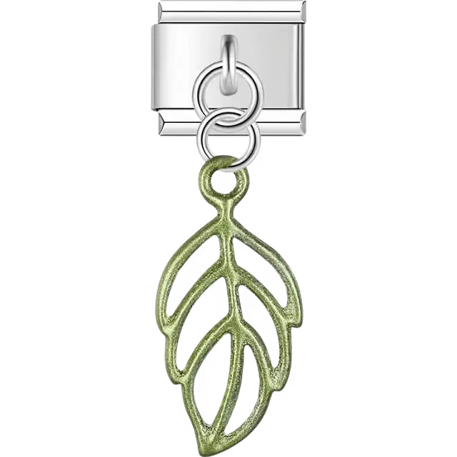 Green metallic leaf outline dangle Italian charm bracelet link