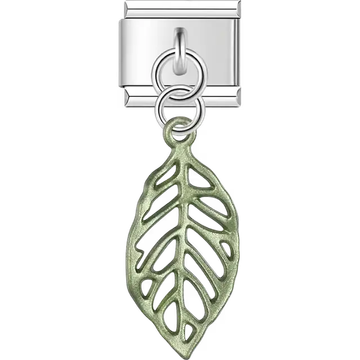 Green metallic skeletal leaf cutout pattern dangle Italian charm bracelet link