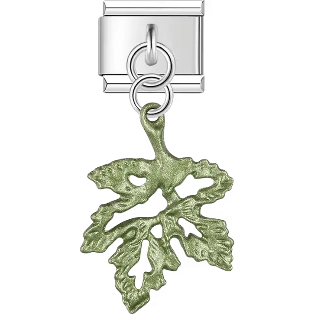 Green metallic maple leaf cutout pattern dangle Italian charm bracelet link