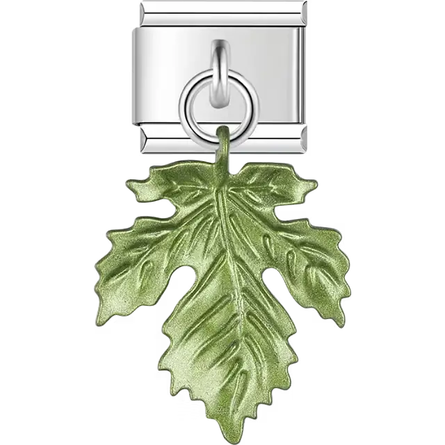 Green metallic maple leaf dangle Italian charm bracelet link