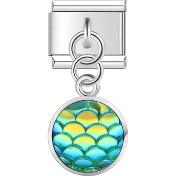 Dangle green mermaid scale pattern with iridescent shimmer Italian charm bracelet link