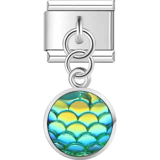 Dangle green mermaid scale pattern with iridescent shimmer Italian charm bracelet link