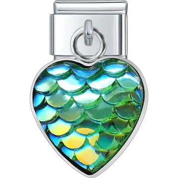 Heart-shaped green dangle with iridescent mermaid scale pattern Italian charm bracelet link