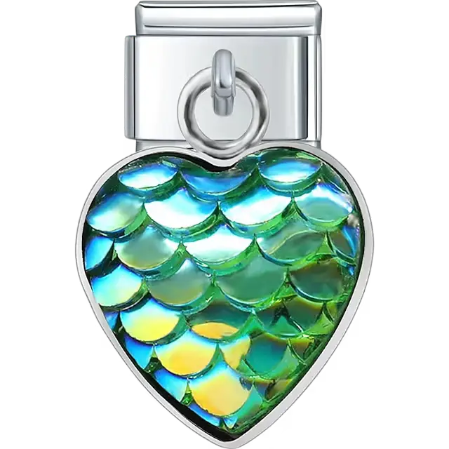Heart-shaped green dangle with iridescent mermaid scale pattern Italian charm bracelet link