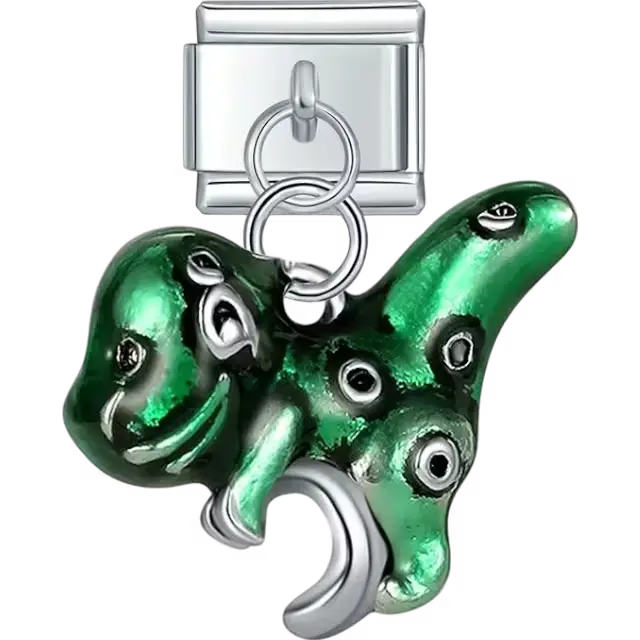 Green octopus with black and white accents in dangle design Italian charm bracelet link