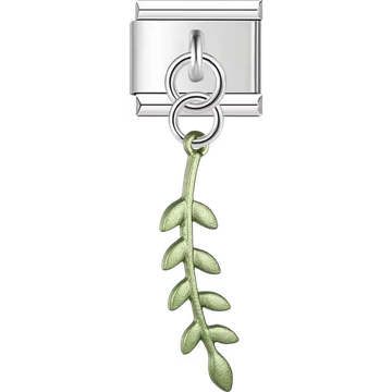 Green metallic olive branch stem leaves dangle Italian charm bracelet link