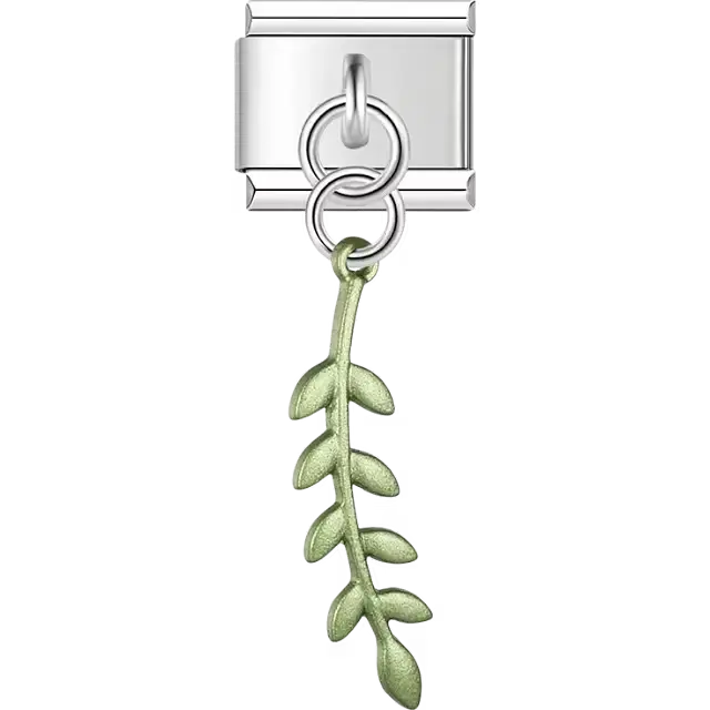 Green metallic olive branch stem leaves dangle Italian charm bracelet link