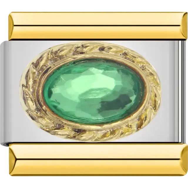 Green oval faceted stone with gold braided border Italian charm bracelet link