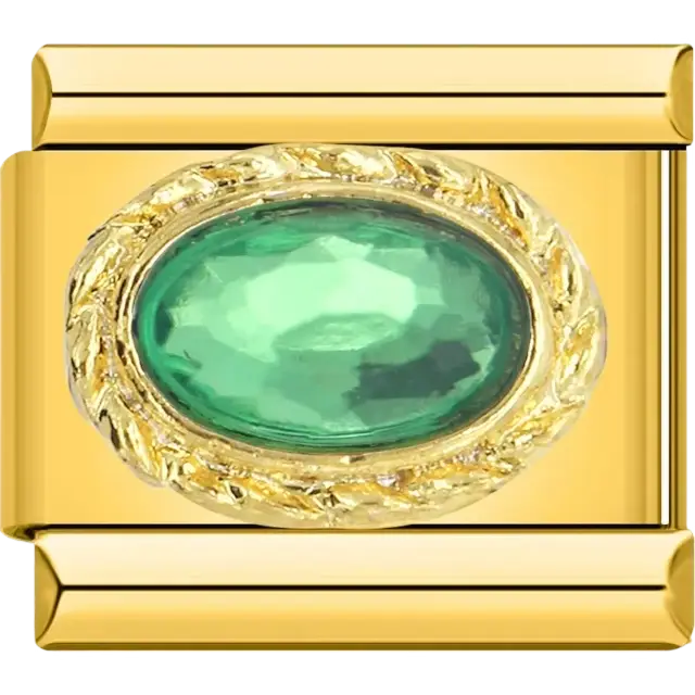 Green oval faceted stone with gold braided border Italian charm bracelet link