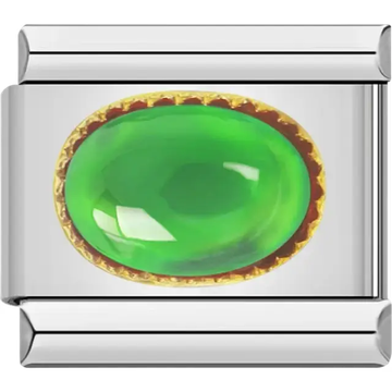 Green oval gemstone in a gold bezel Italian charm bracelet link