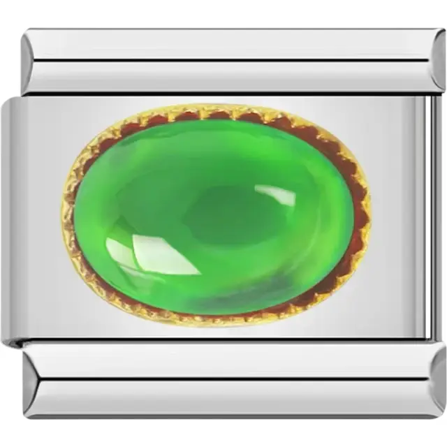 Green oval gemstone in a gold bezel Italian charm bracelet link