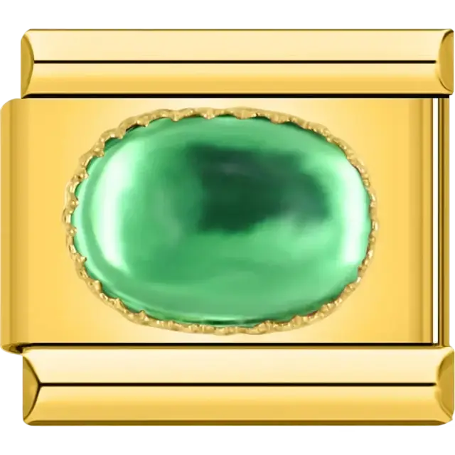 Bright green oval stone with gold border Italian charm bracelet link