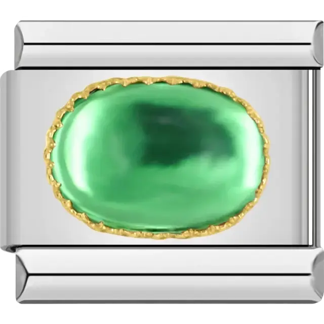 Bright green oval stone with gold border Italian charm bracelet link