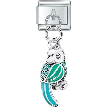 Parrot design with green and teal accents dangle Italian charm bracelet link
