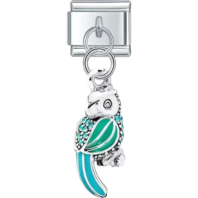 Parrot design with green and teal accents dangle Italian charm bracelet link