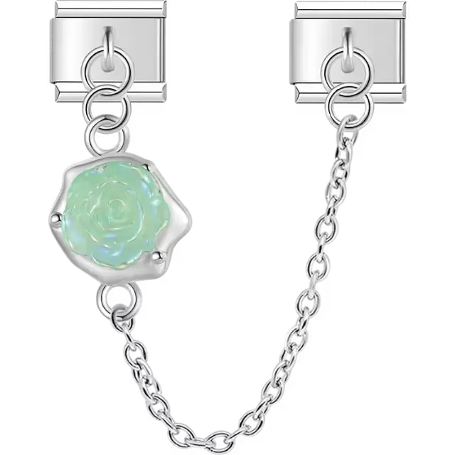 Green rose flower with safety chain Italian charm bracelet link
