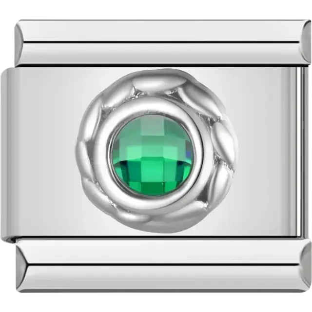 Green round stone with silver braided border Italian charm bracelet link