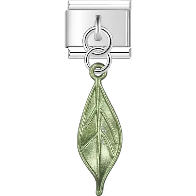 Green metallic simple leaf shape dangle Italian charm bracelet link