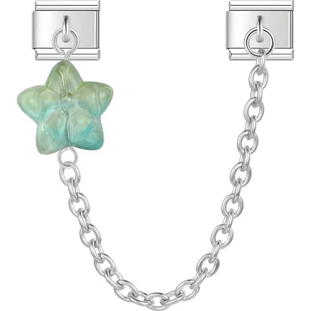 Light blue green glass star safety chain connector Italian charm bracelet link