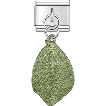 Green metallic detailed leaf textured veins dangle Italian charm bracelet link