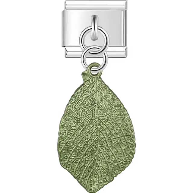 Green metallic detailed leaf textured veins dangle Italian charm bracelet link