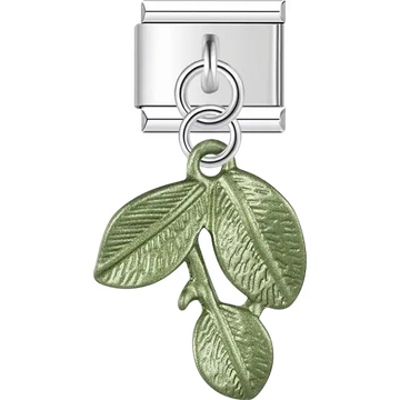 Green metallic triple leaf cluster textured veins dangle Italian charm bracelet link