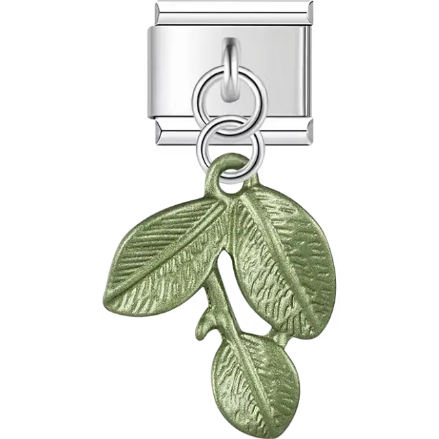 Green metallic triple leaf cluster textured veins dangle Italian charm bracelet link