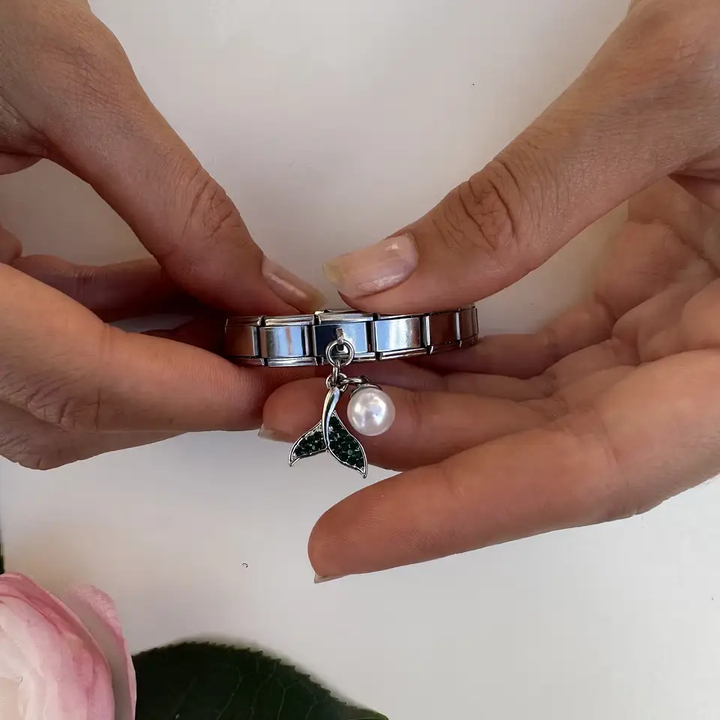 Green crystal whale tail with pearl dangle Italian charm bracelet link