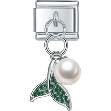 Green crystal whale tail with pearl dangle Italian charm bracelet link
