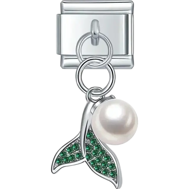 Green crystal whale tail with pearl dangle Italian charm bracelet link