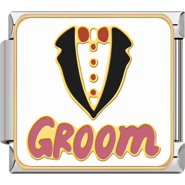 Black tuxedo with red bow tie and pink "GROOM" text on white background with gold border Italian charm bracelet link