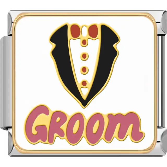 Black tuxedo with red bow tie and pink "GROOM" text on white background with gold border Italian charm bracelet link