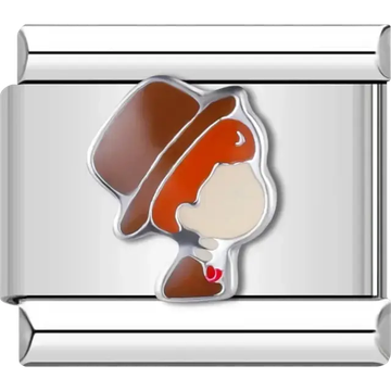 Groom wearing a brown suit and hat with a red bow tie Italian charm bracelet link