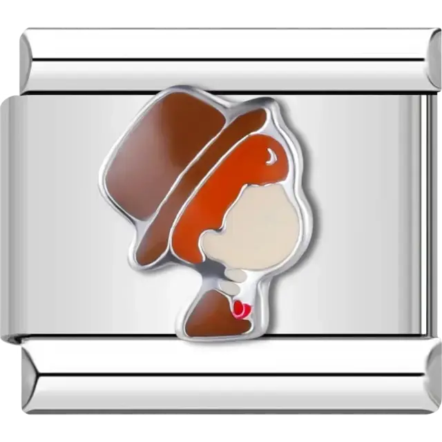 Groom wearing a brown suit and hat with a red bow tie Italian charm bracelet link