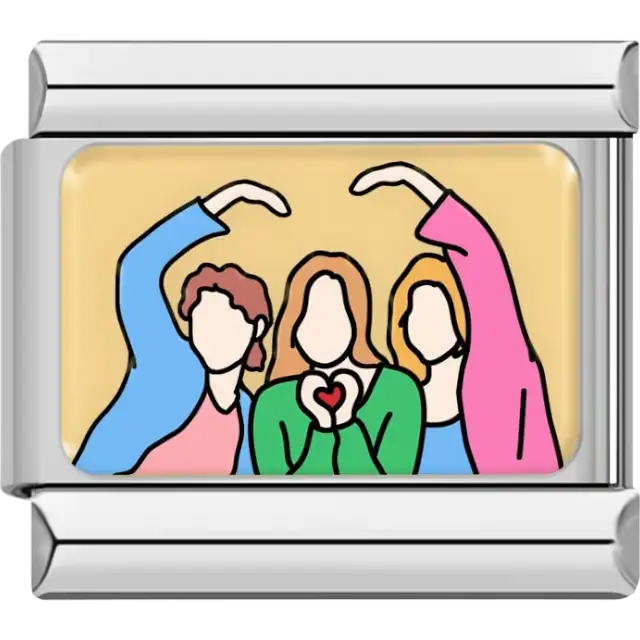 Three friends forming a heart with their hands on a yellow background Italian charm bracelet link