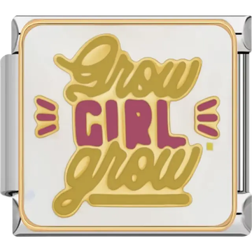 Gold and pink "Grow Girl Grow" text Italian charm bracelet link