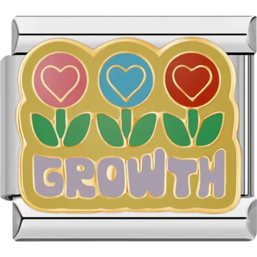 Three heart-shaped flowers in pink blue and red with the word "Growth" below Italian charm bracelet link
