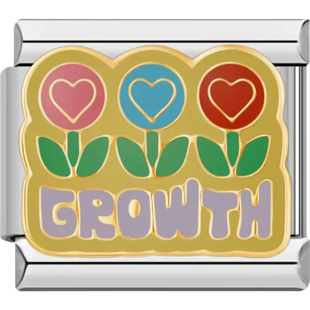 Three heart-shaped flowers in pink blue and red with the word "Growth" below Italian charm bracelet link