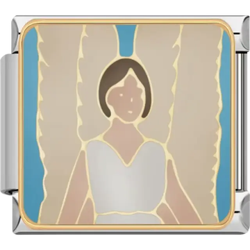 White dress girl design with soft pastel tones and gold outlines Italian charm bracelet link