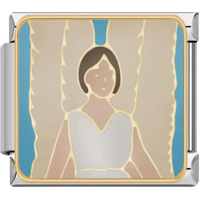 White dress girl design with soft pastel tones and gold outlines Italian charm bracelet link