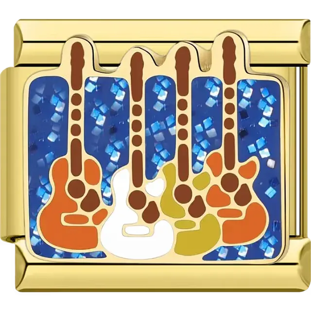 Gold charm featuring four colorful guitars with orange, white, and yellow accents set against a glittery blue background on a rectangular Italian charm bracelet link