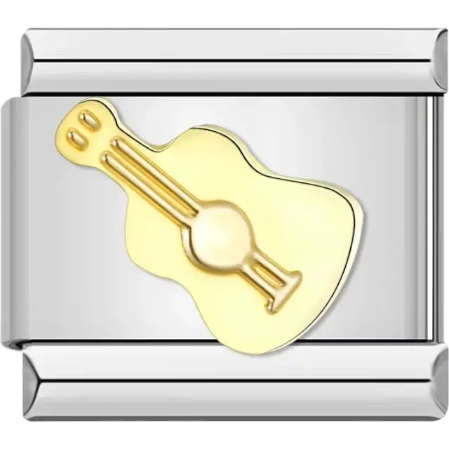 Gold-tone acoustic guitar design with string details Italian charm bracelet link