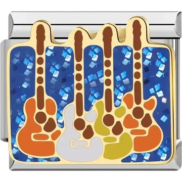 Gold charm featuring four colorful guitars with orange, white, and yellow accents set against a glittery blue background on a rectangular Italian charm bracelet link