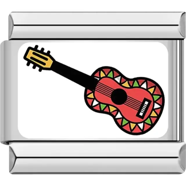 Red acoustic guitar with a colorful patterned border Italian charm bracelet link